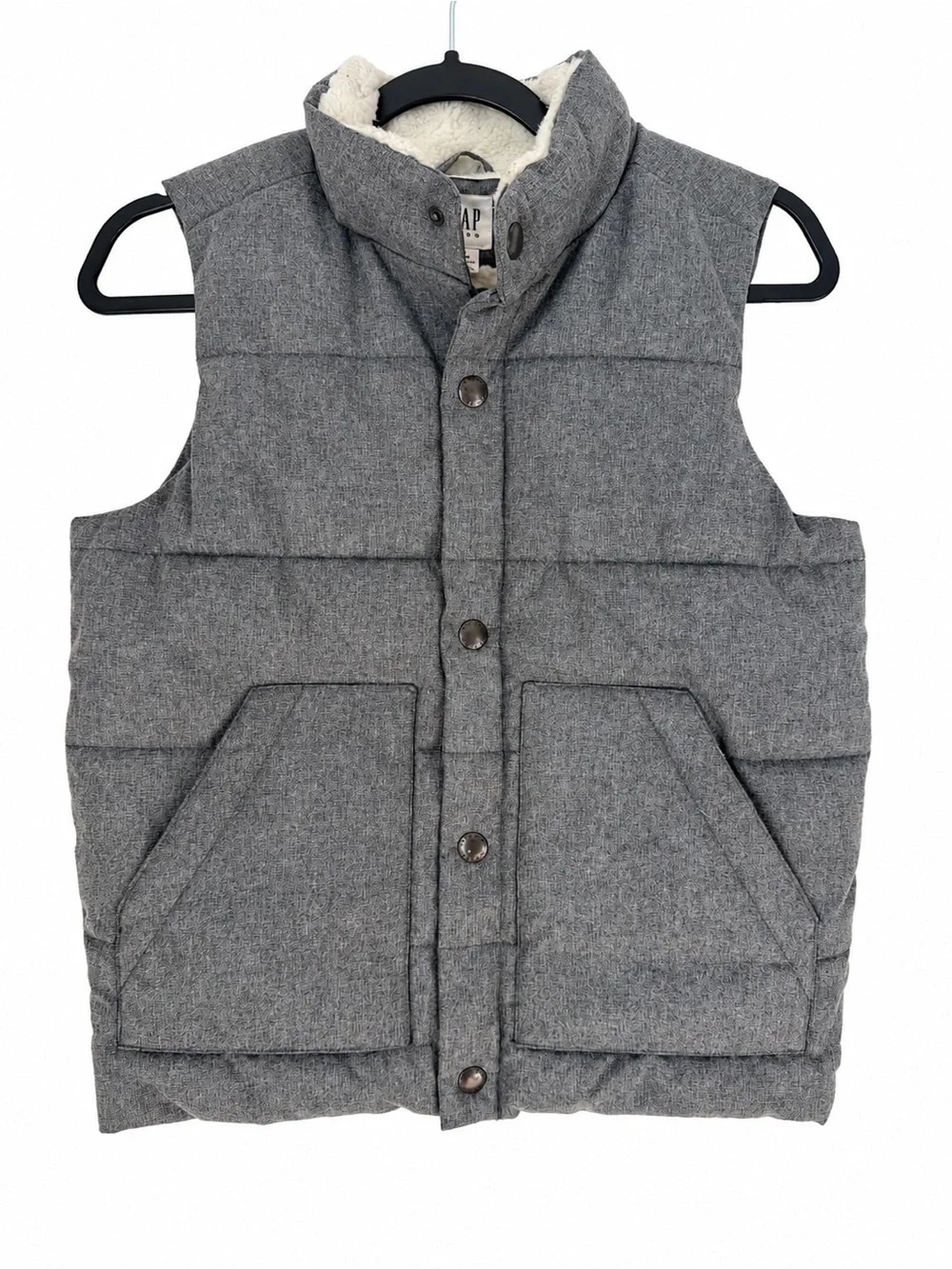 Gap Kids Gray Puffer Vest Sherpa Fleece Lined Snap Front Winter Pocket Unisex M